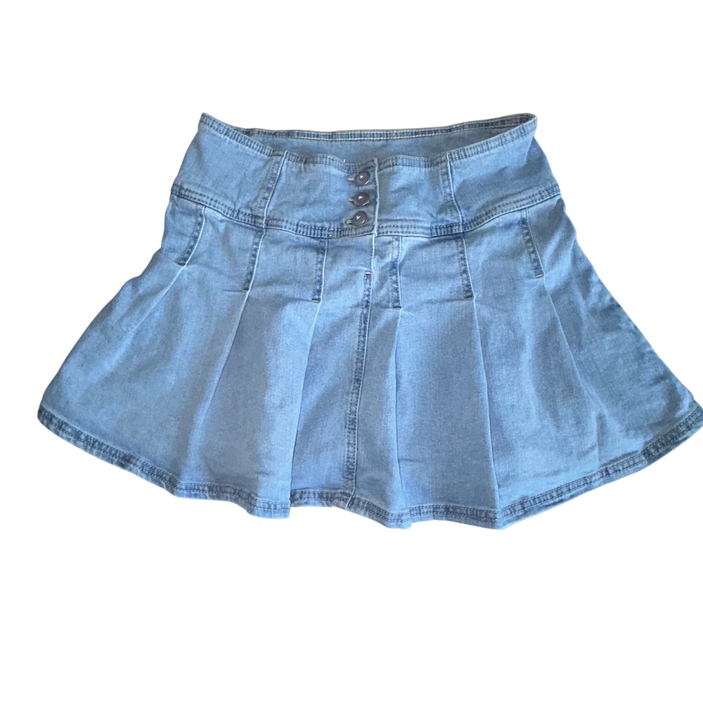 No Boundaries Womens Light Wash Denim Pleated Mini Skirt Y2K Skater Size M 7-9